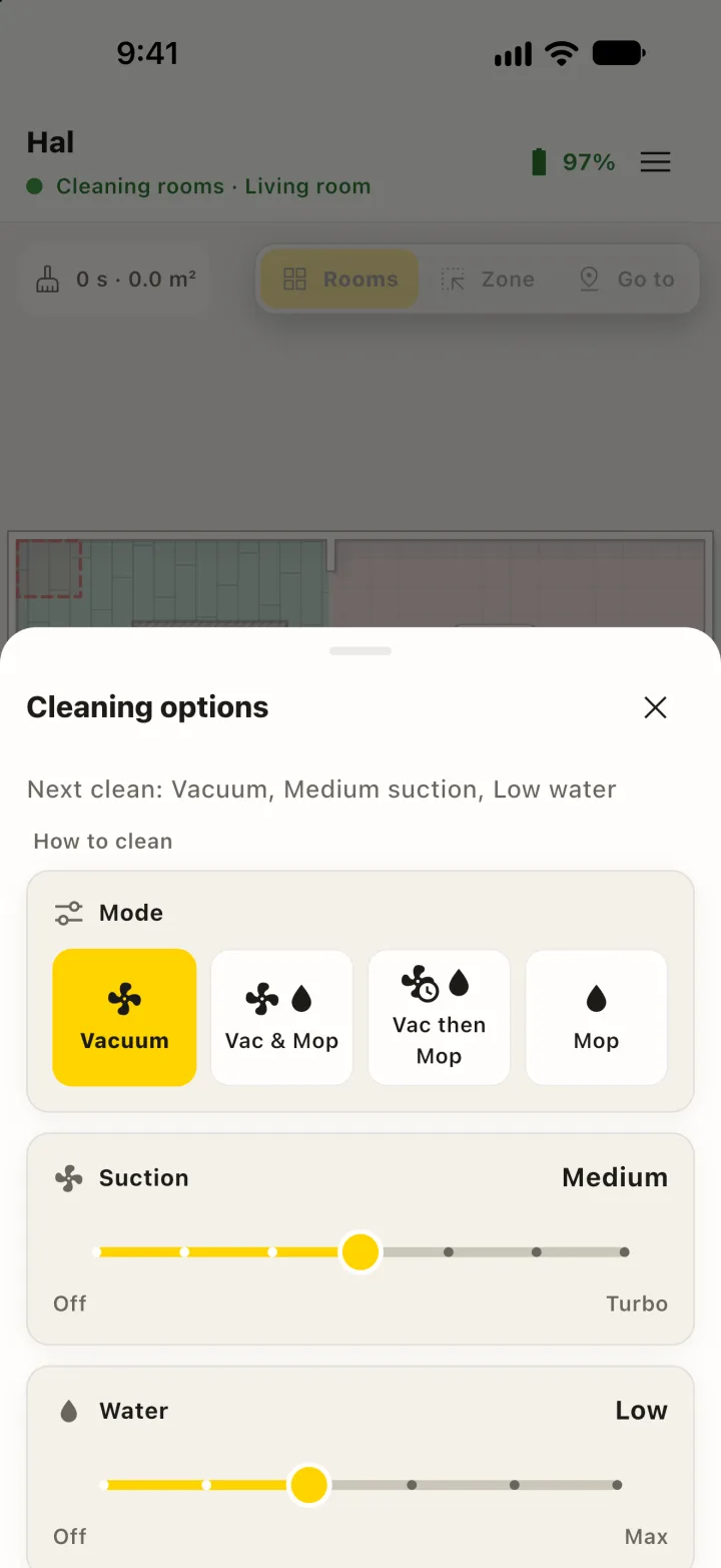 Mode, suction and water on iPhone.